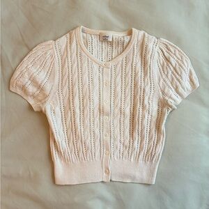 Ivory Cropped Cable Knit Puff-Sleeved Cardigan